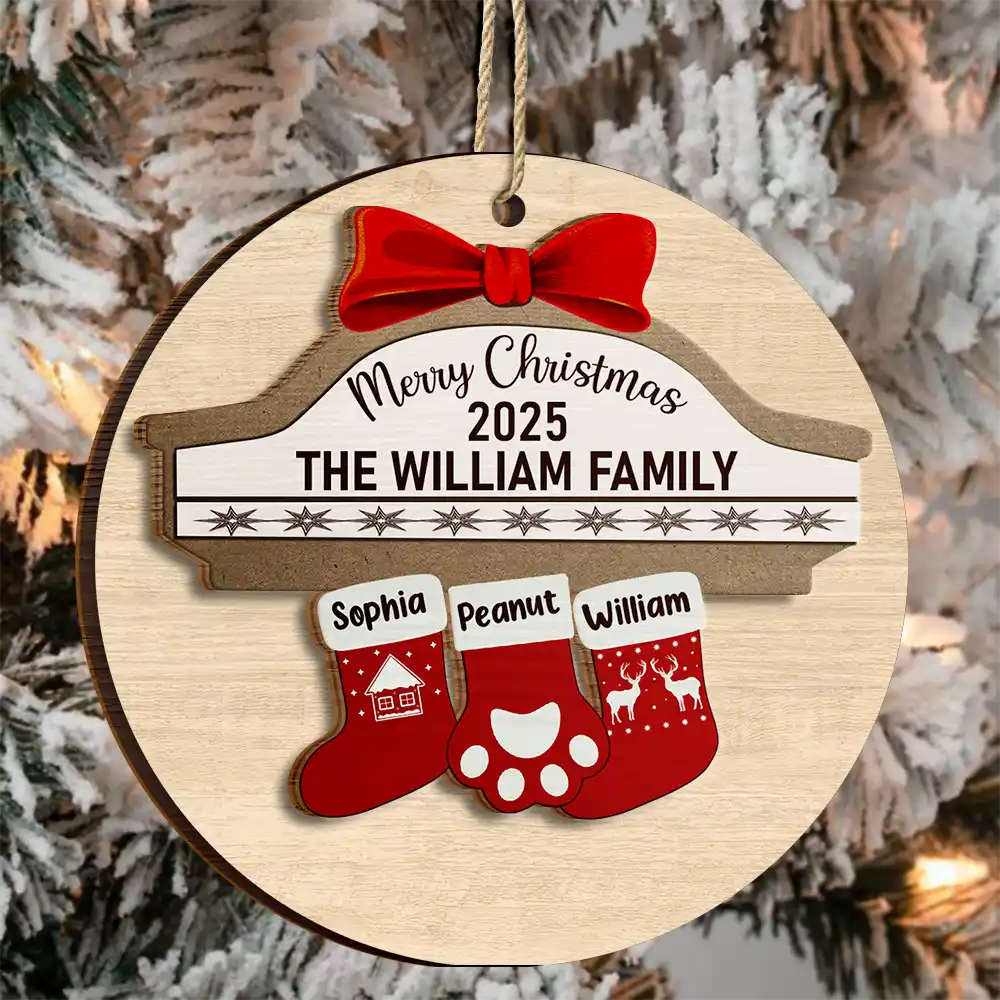 Merry Christmas Stocking Family - Christmas Gift For Family - Personalized 2-Layered Wooden Ornament - Image 3