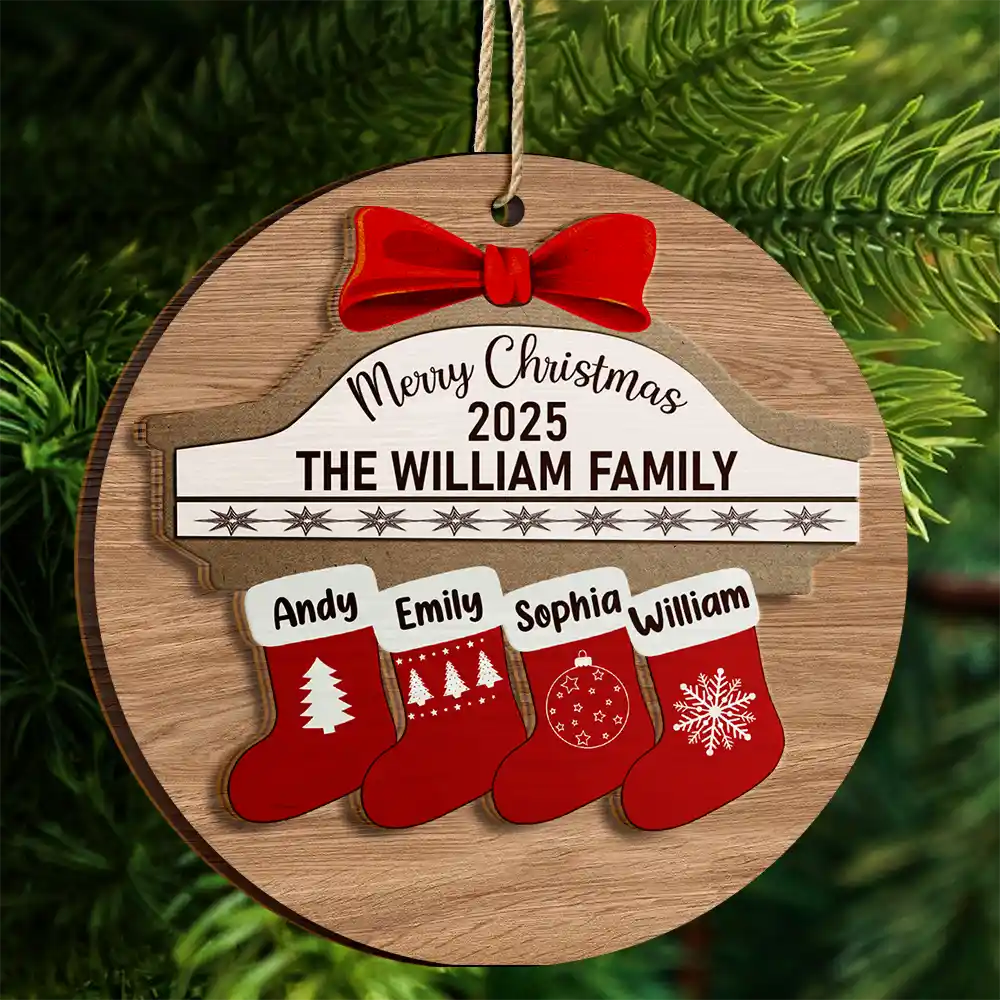 Merry Christmas Stocking Family - Christmas Gift For Family - Personalized 2-Layered Wooden Ornament - Image 4