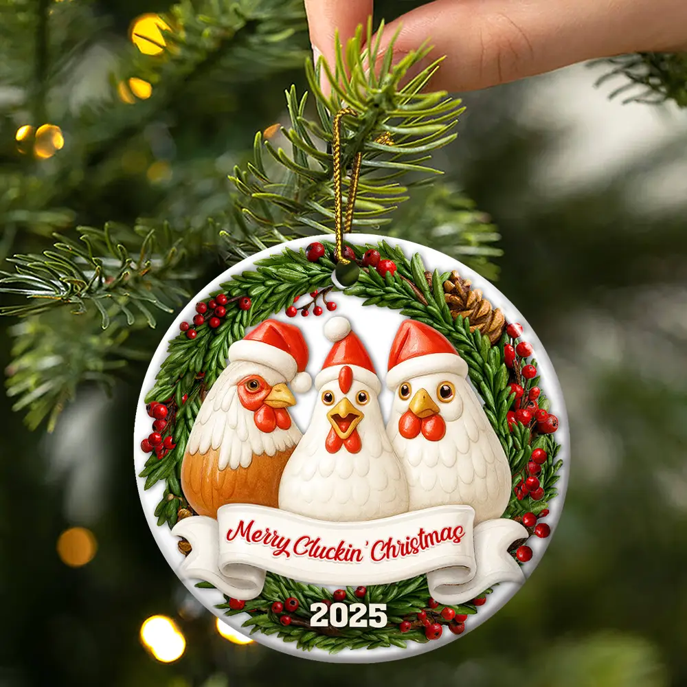 Merry Cluckin' Christmas 3D Effect - Personalized Circle Ceramic Ornament - Image 3