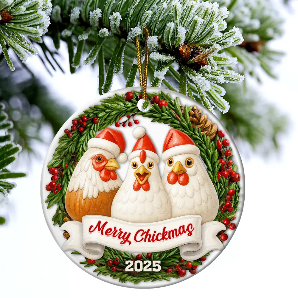 Merry Cluckin' Christmas 3D Effect - Personalized Circle Ceramic Ornament - Image 4