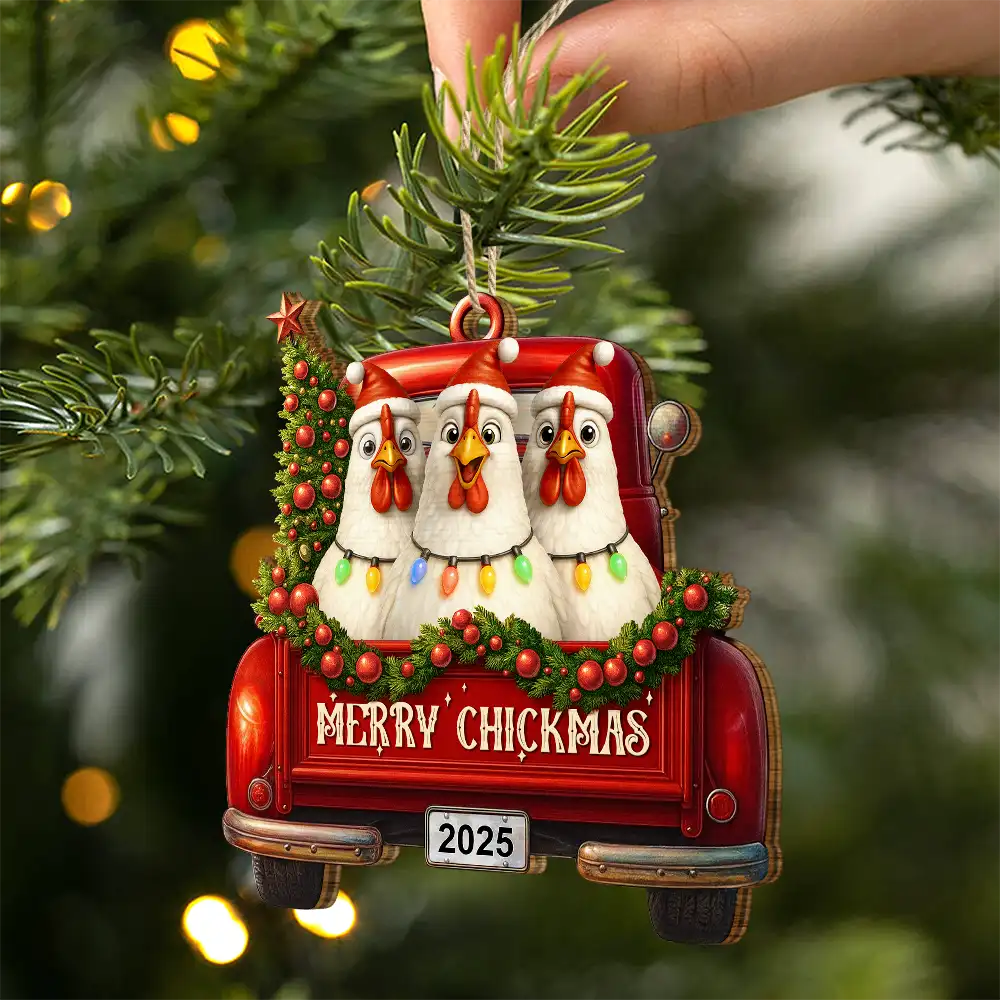 Merry Cluckmas Red Truck - Personalized Custom Shaped Wooden Ornament - Image 2
