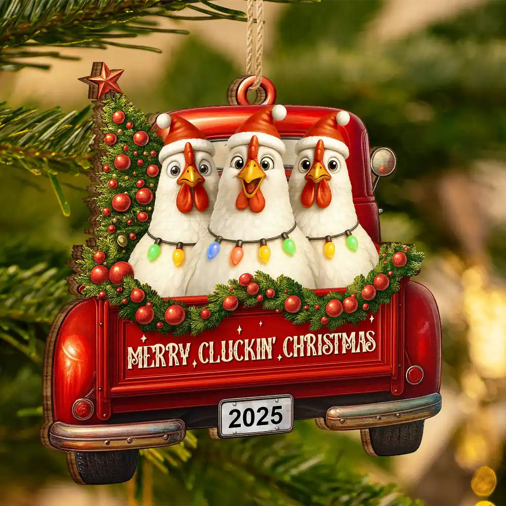 Merry Cluckmas Red Truck - Personalized Custom Shaped Wooden Ornament - Image 3