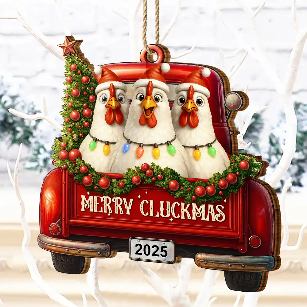 Merry Cluckmas Red Truck - Personalized Custom Shaped Wooden Ornament - Image 4