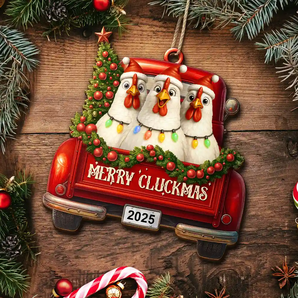 Merry Cluckmas Red Truck - Personalized Custom Shaped Wooden Ornament - Image 5