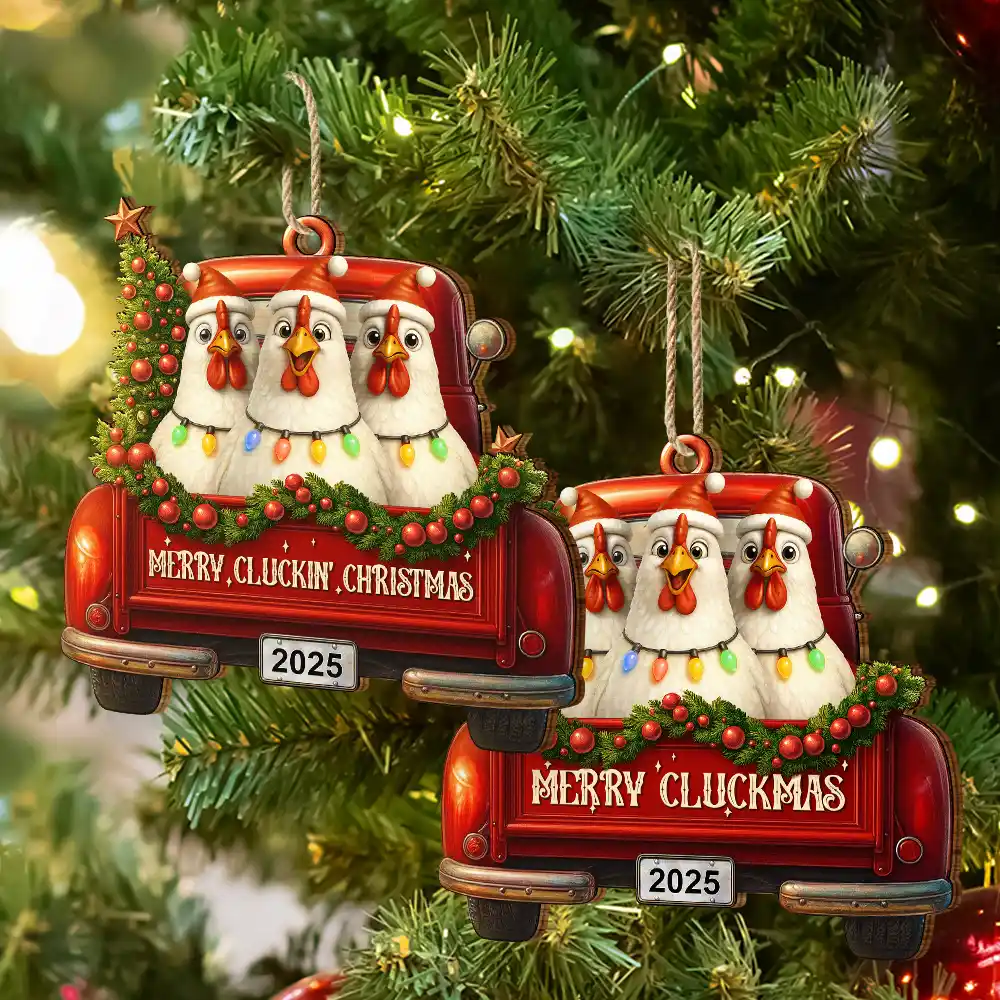 Merry Cluckmas Red Truck - Personalized Custom Shaped Wooden Ornament - Image 6