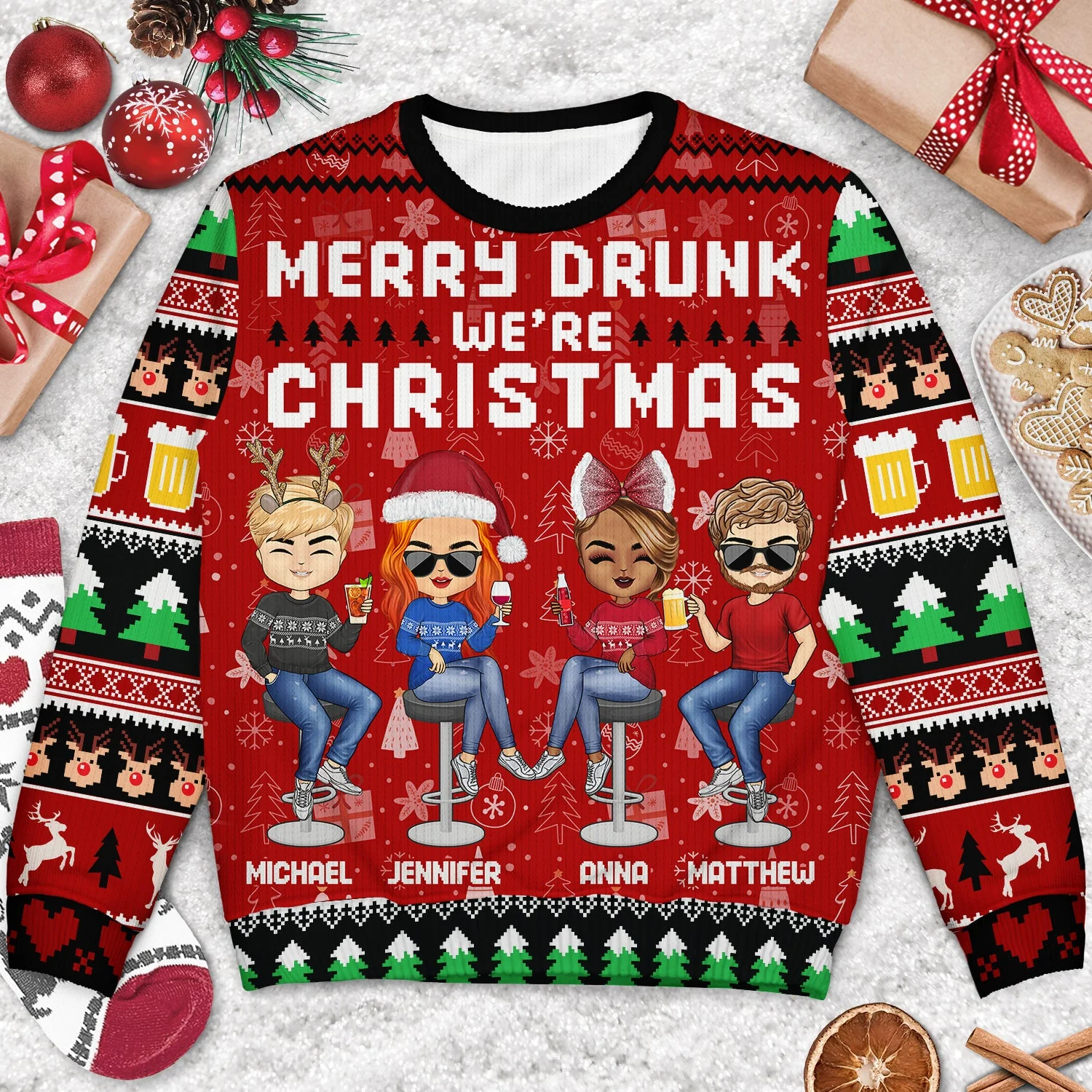Merry Drunk We're Christmas - Christmas Gift For Bestie, Sibling, Colleague, Best Friend - Personalized Unisex Ugly Sweater - Image 3