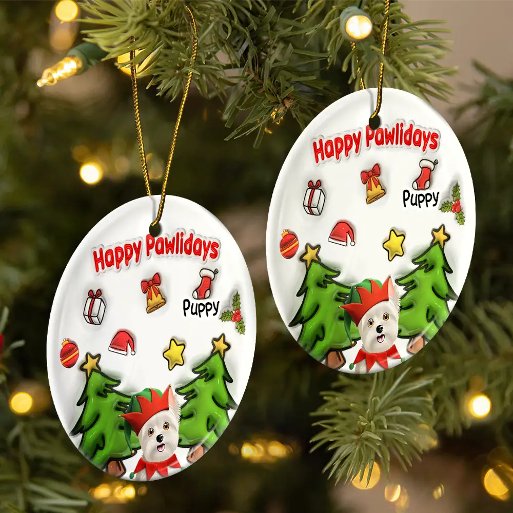 Merry Woofmas Christmas Dog - 3D Inflated Effect Printed Ornament, Personalized Circle Ceramic Ornament - Image 2