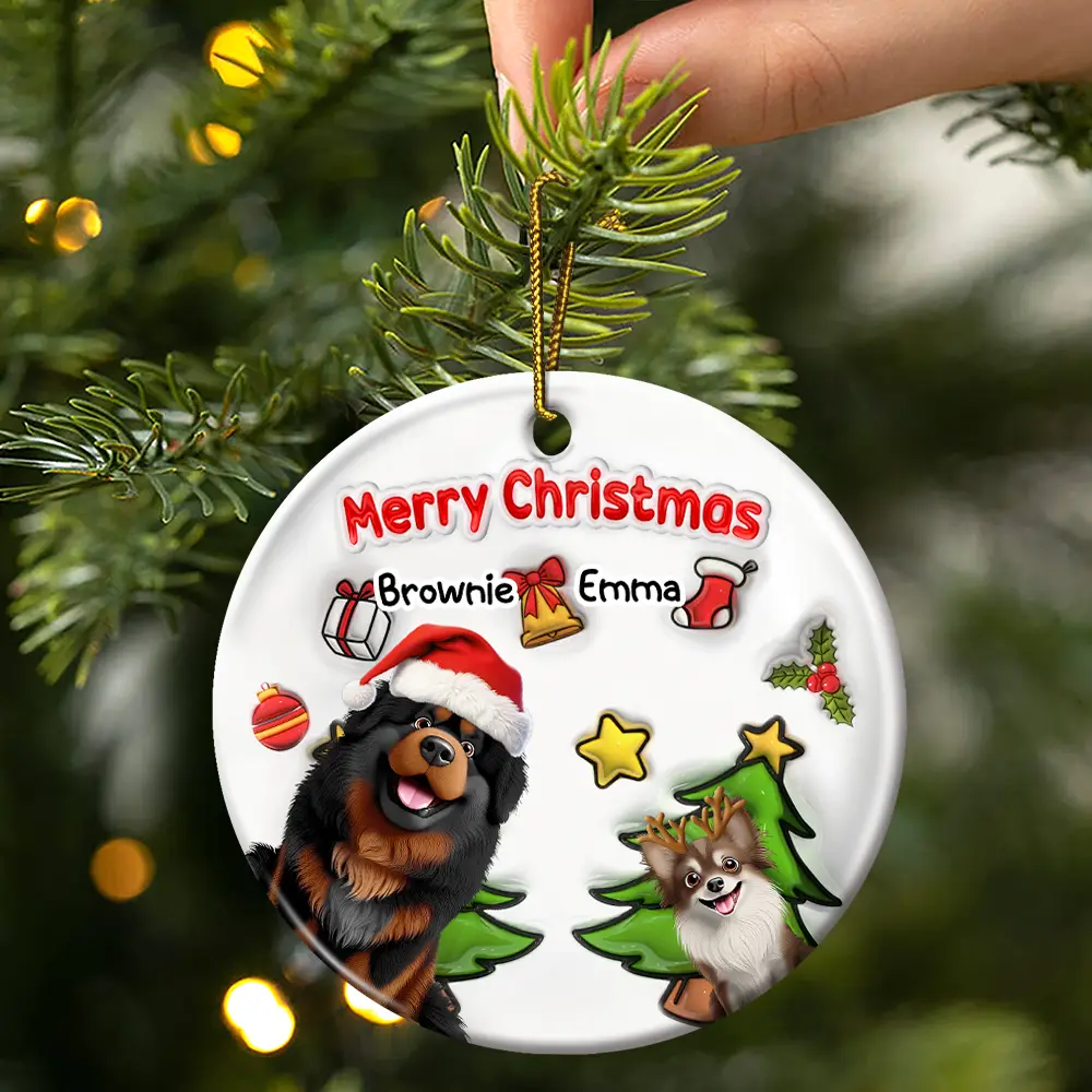 Merry Woofmas Christmas Dog - 3D Inflated Effect Printed Ornament, Personalized Circle Ceramic Ornament - Image 3