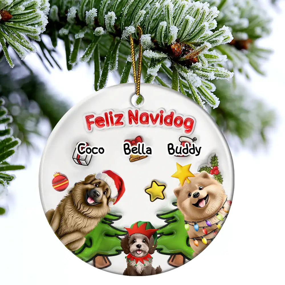 Merry Woofmas Christmas Dog - 3D Inflated Effect Printed Ornament, Personalized Circle Ceramic Ornament - Image 4