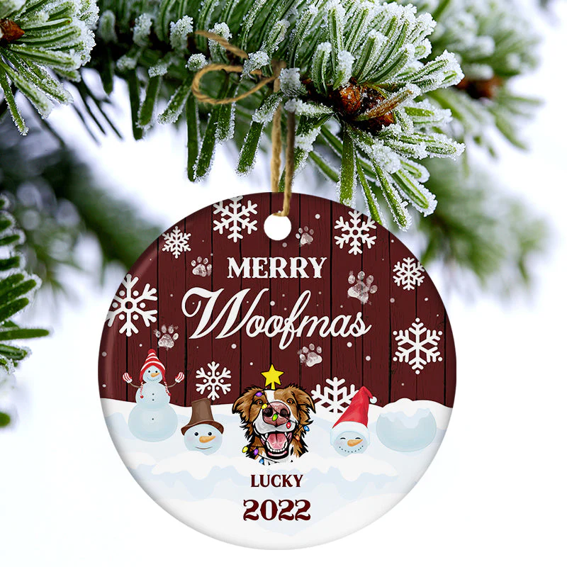 Merry Woofmas - Christmas Gift For Dog Lovers - Personalized Custom Circle Ceramic Ornament - Image 3