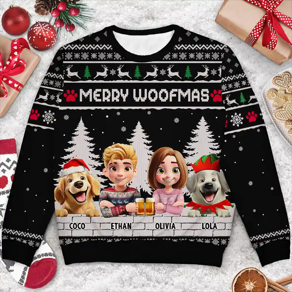 Merry Woofmas Couple Dog Mom Dad - Personalized Unisex Ugly Sweater - Image 3