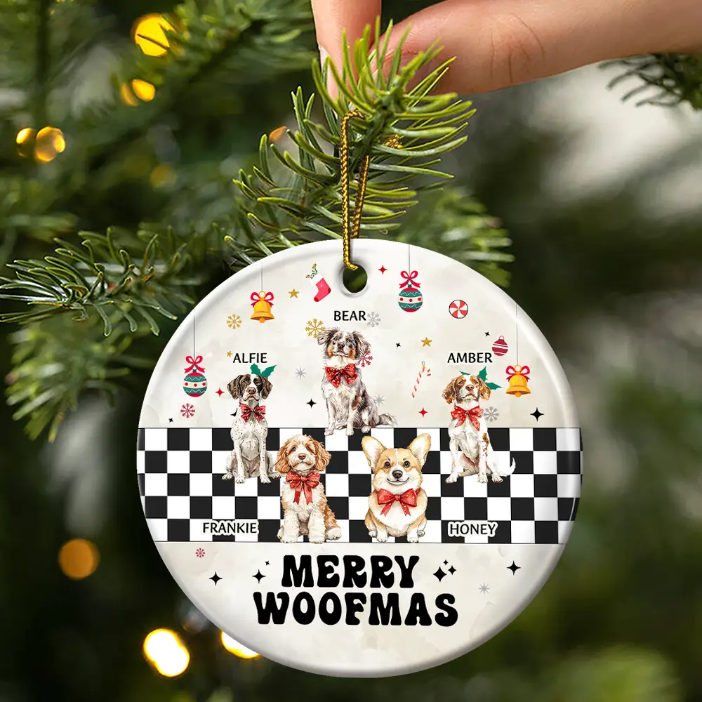 Merry Woofmas Vintage Dog - Personalized Circle Ceramic Ornament - Image 3