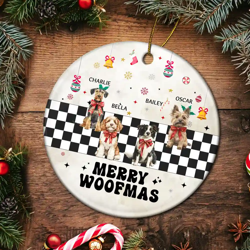Merry Woofmas Vintage Dog - Personalized Circle Ceramic Ornament - Image 5