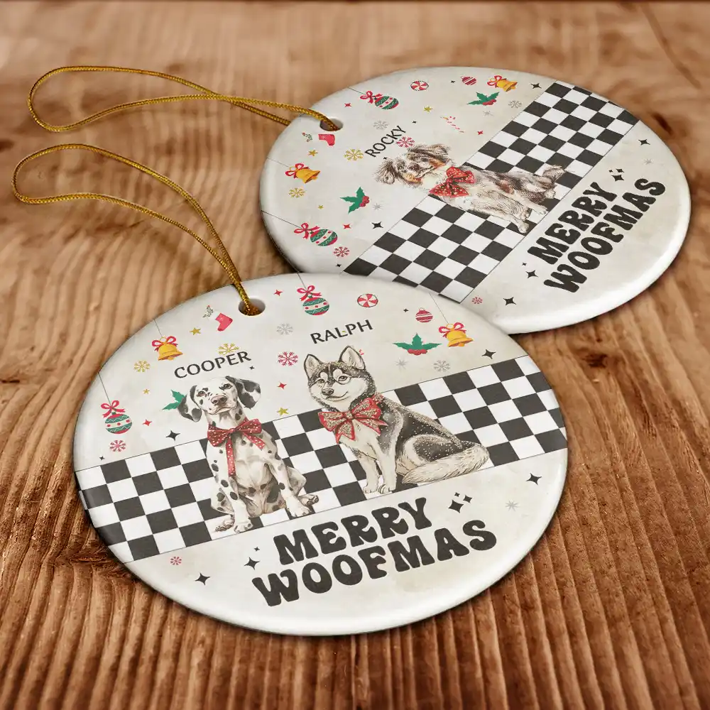 Merry Woofmas Vintage Dog - Personalized Circle Ceramic Ornament - Image 6