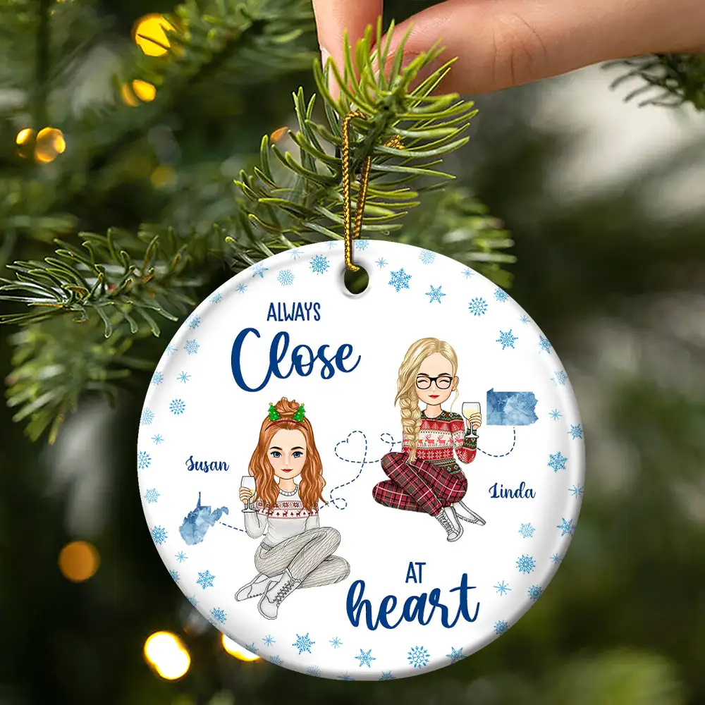 Miles Apart But Besties At Heart Long Distance - Personalized Circle Ceramic Ornament - Image 3