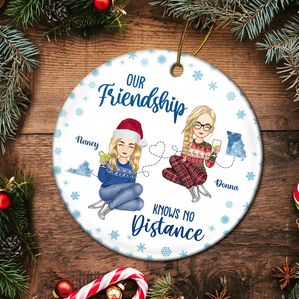 Miles Apart But Besties At Heart Long Distance - Personalized Circle Ceramic Ornament - Image 5