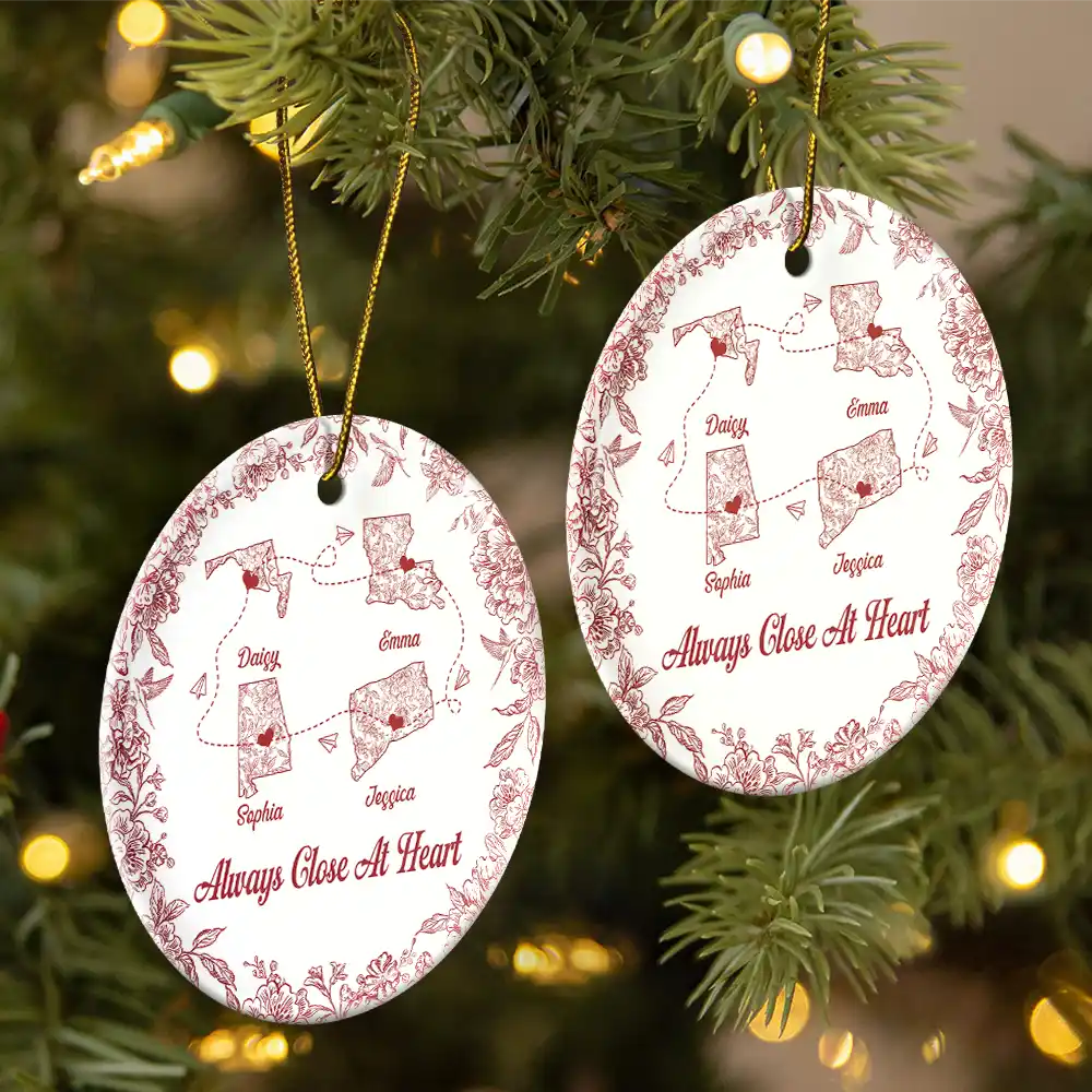 Miles Apart But Close At Heart Toile Pattern - Personalized Circle Ceramic Ornament - Image 2