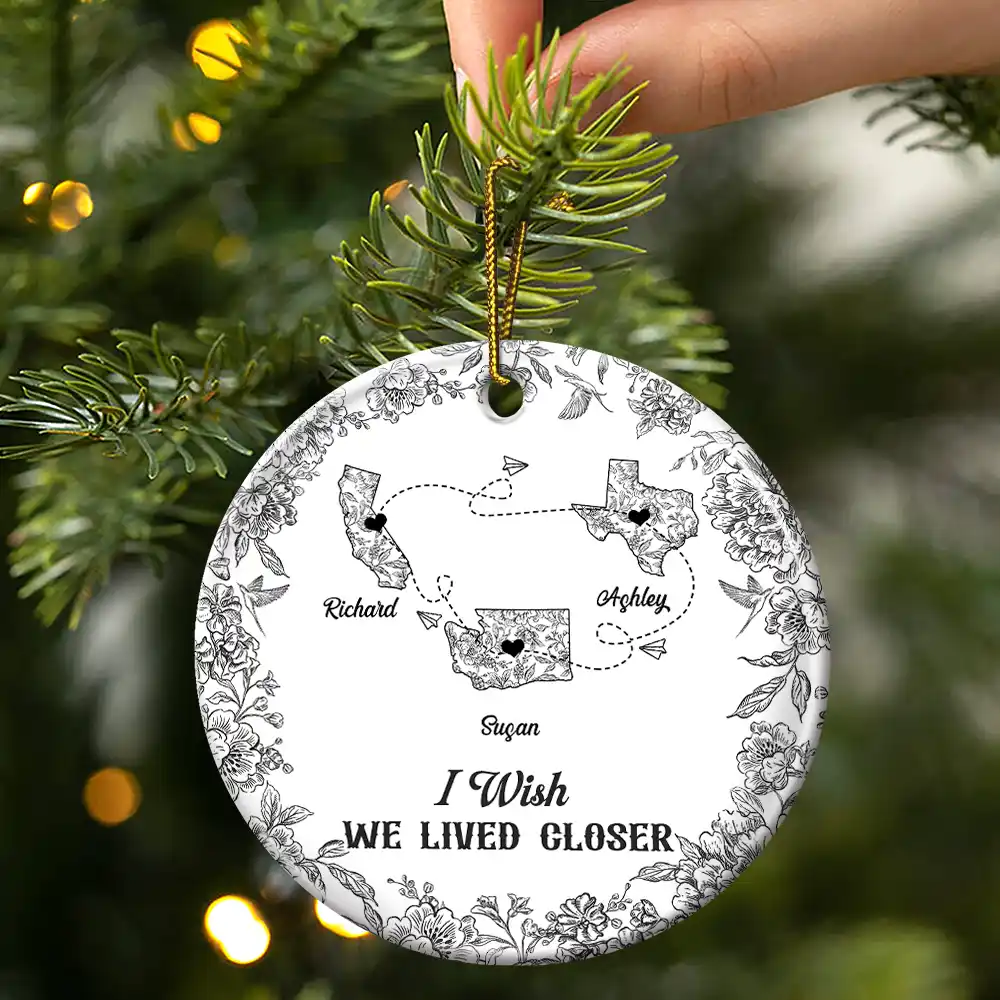 Miles Apart But Close At Heart Toile Pattern - Personalized Circle Ceramic Ornament - Image 3