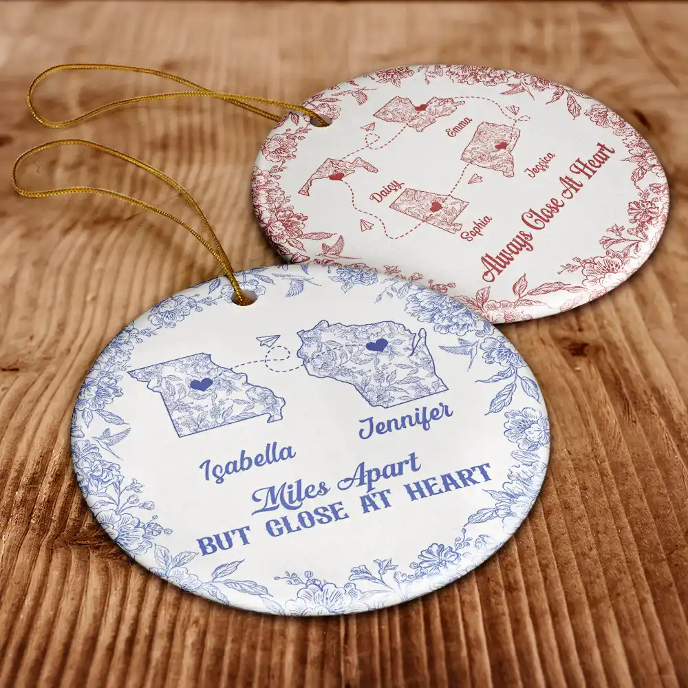Miles Apart But Close At Heart Toile Pattern - Personalized Circle Ceramic Ornament - Image 6
