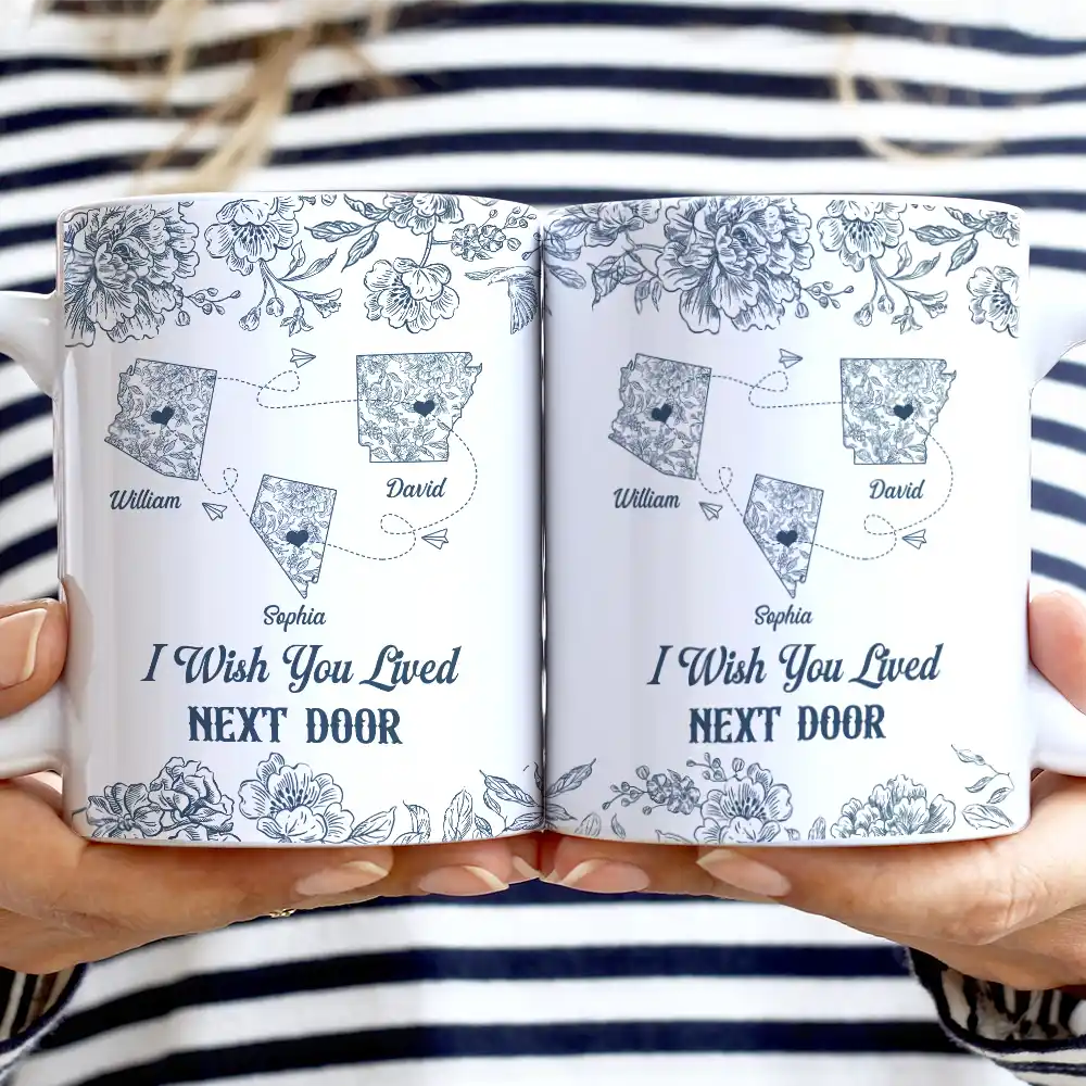 Miles Apart But Close At Heart Toile Pattern - Personalized White Edge-to-Edge Mug - Image 2