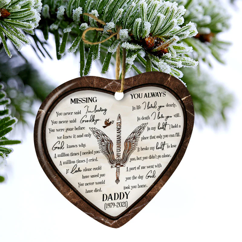 Missing You Always Angel Wings - Memorial Gift - Personalized Custom Heart Ceramic Ornament - Image 3