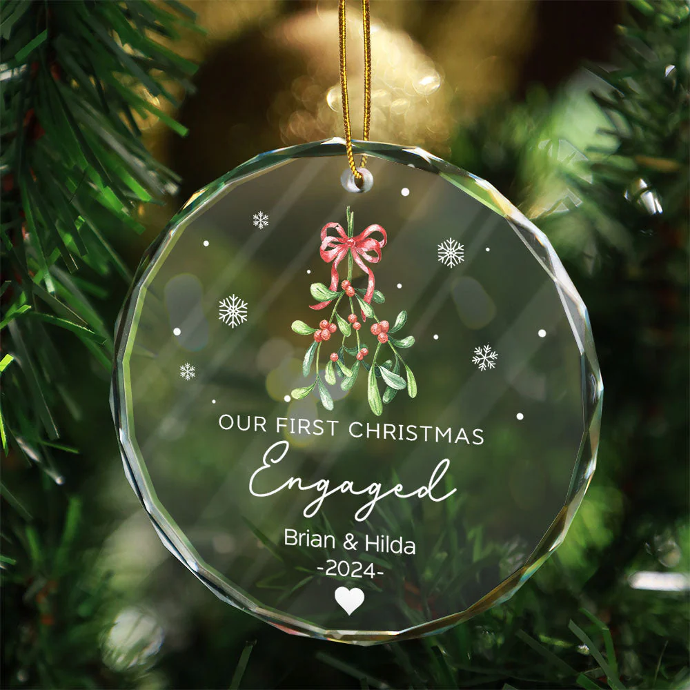 Mistletoe Our First Christmas Engaged - Personalized Circle Glass Ornament - Image 3