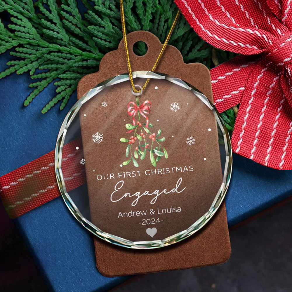 Mistletoe Our First Christmas Engaged - Personalized Circle Glass Ornament - Image 5