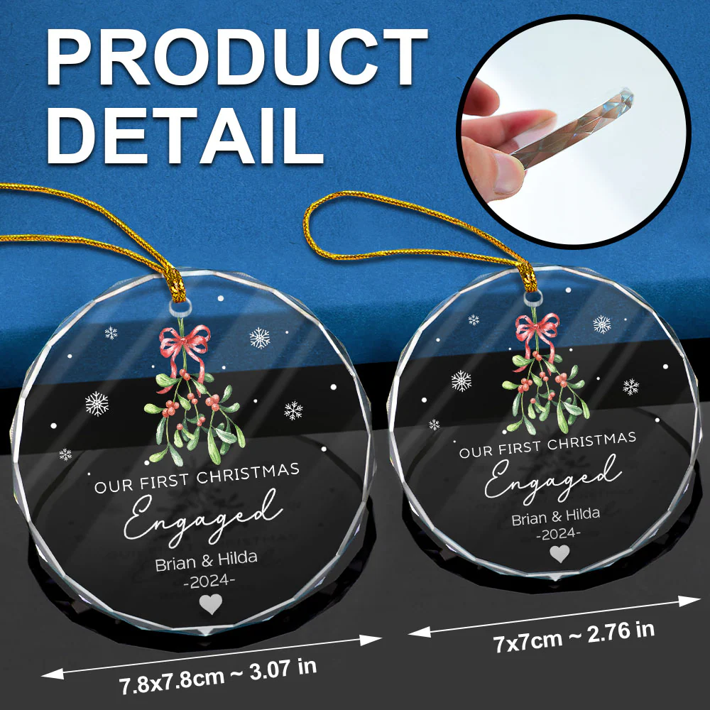Mistletoe Our First Christmas Engaged - Personalized Circle Glass Ornament - Image 6