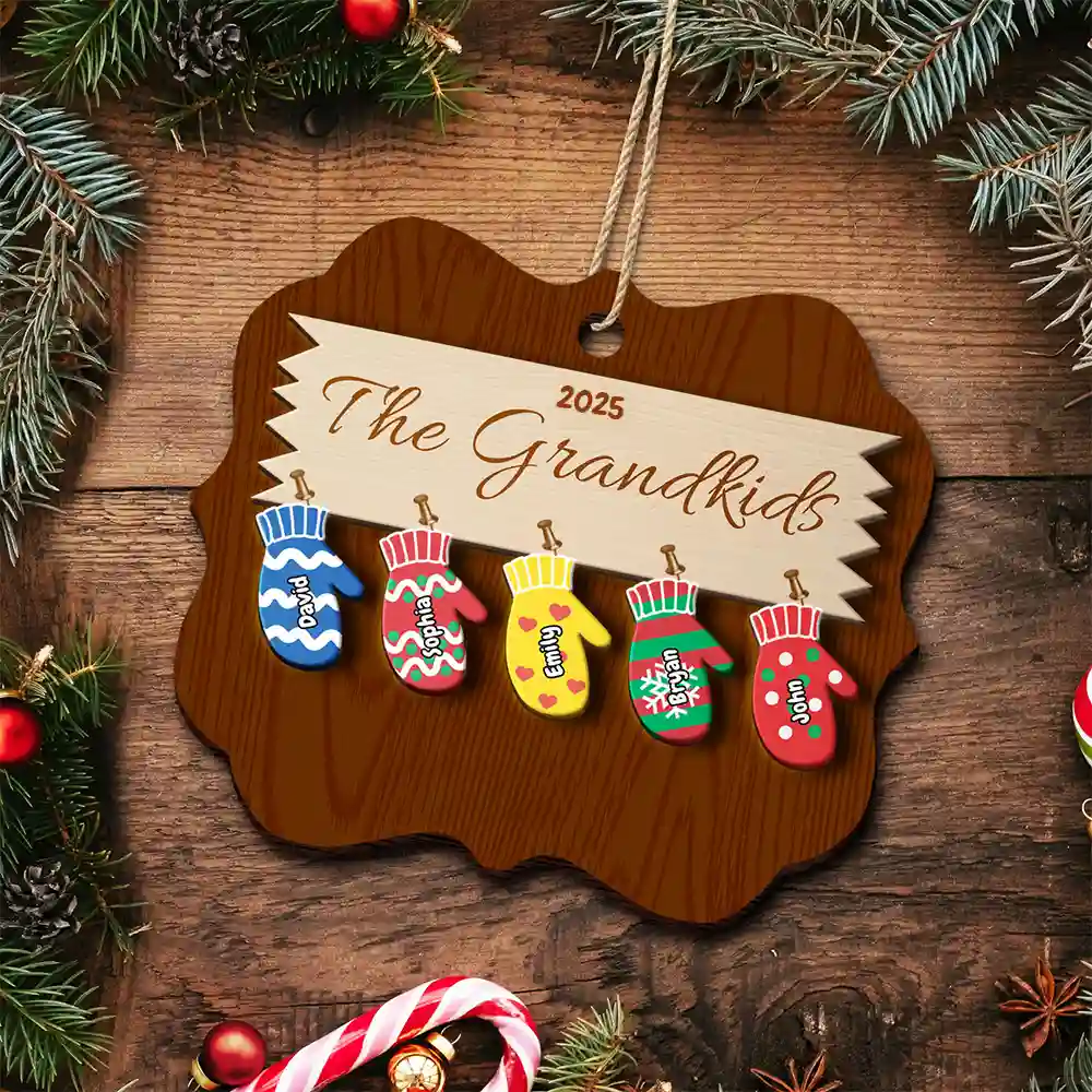 Mittens With Grandkids Names - Christmas Gift For Grandparent - Personalized 2-Layered Wooden Ornament - Image 4