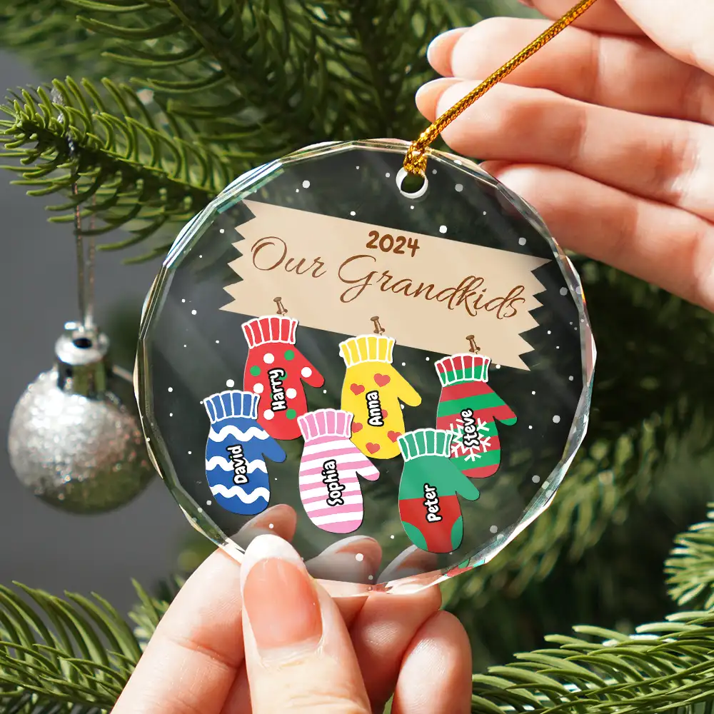 Mittens With Grandkids Names Christmas - Personalized Circle Glass Ornament - Image 2