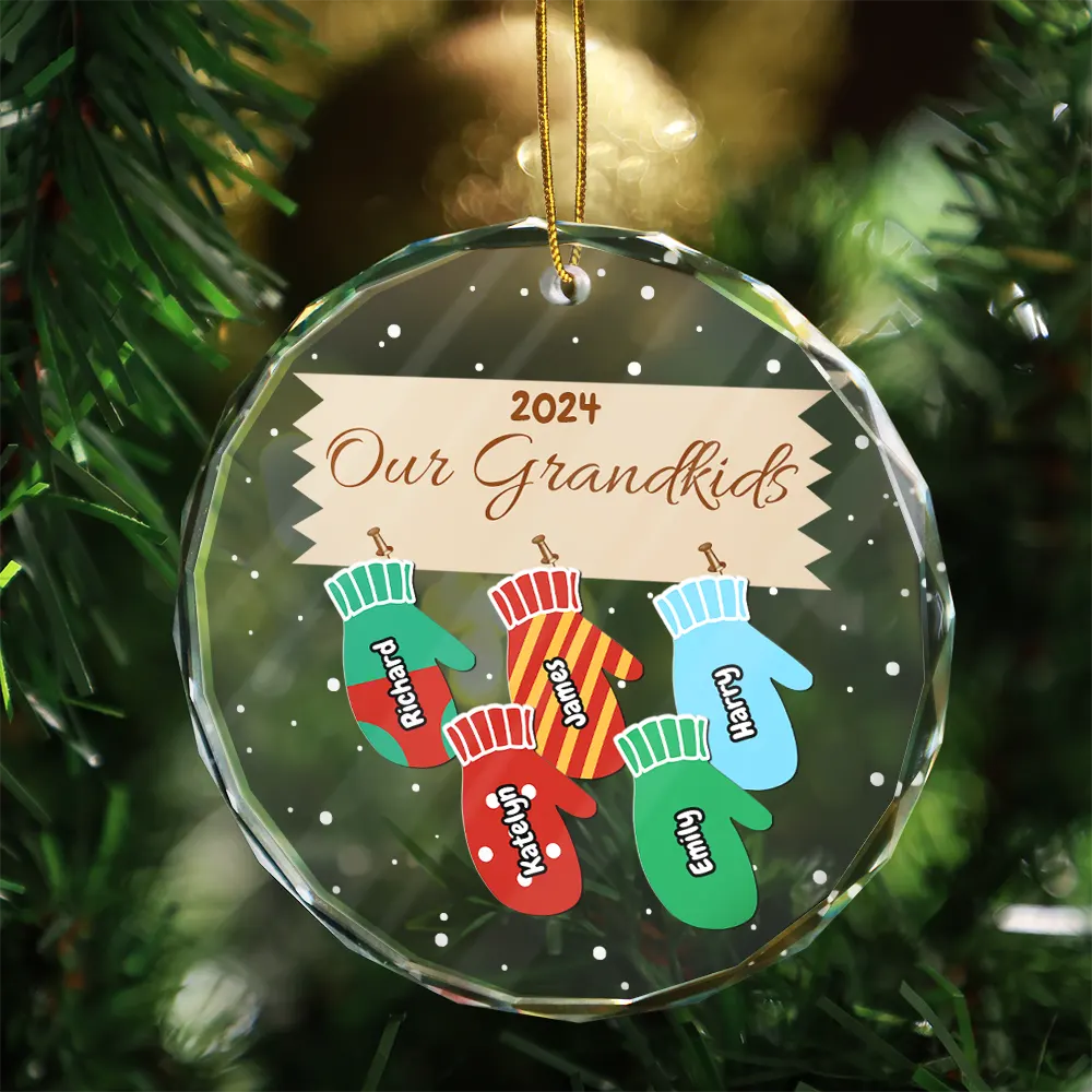 Mittens With Grandkids Names Christmas - Personalized Circle Glass Ornament - Image 3