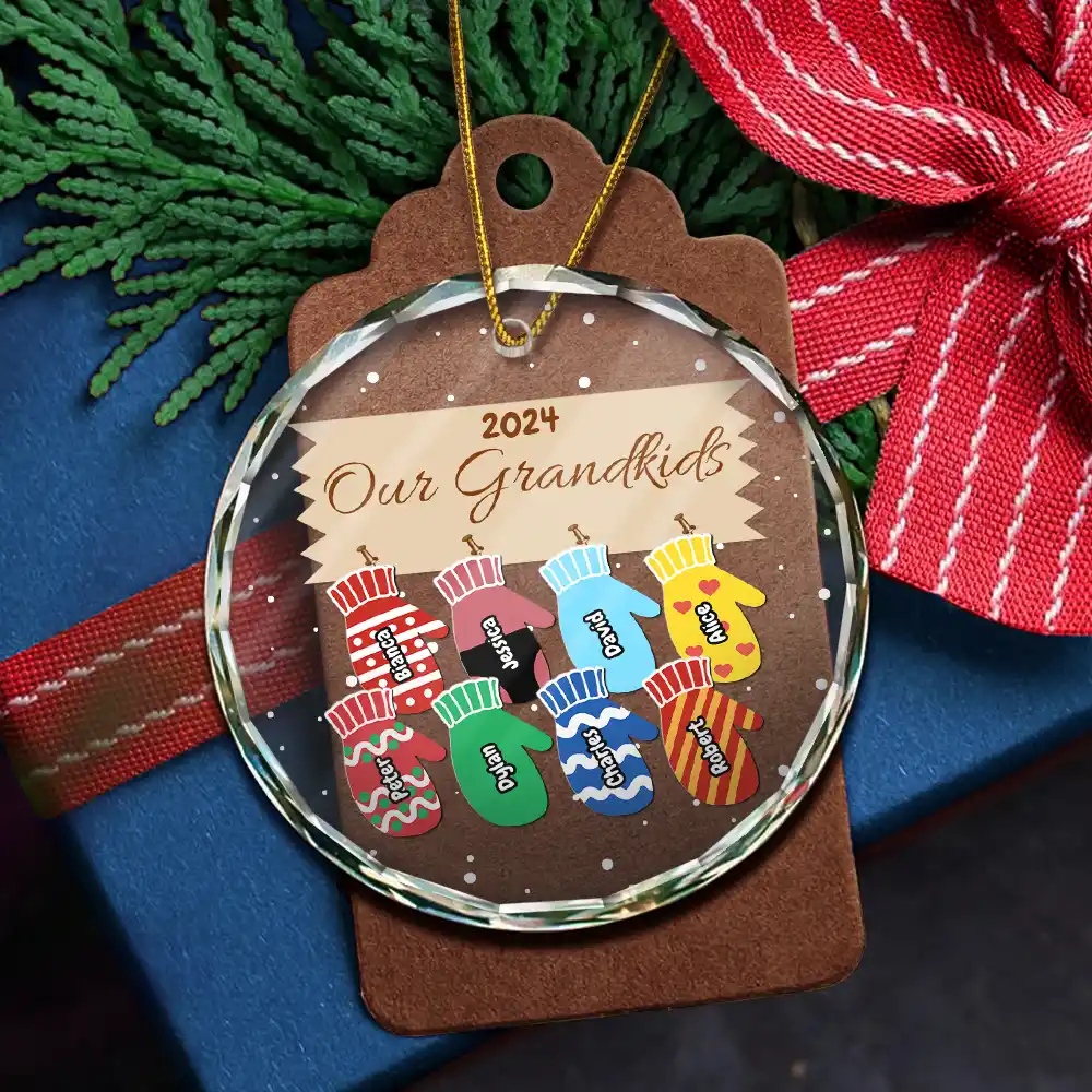 Mittens With Grandkids Names Christmas - Personalized Circle Glass Ornament - Image 5