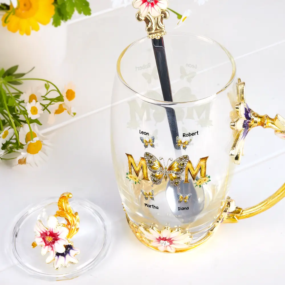 Mom And Children Butterflies - Personalized Glass Flower Tea Cup - Image 2