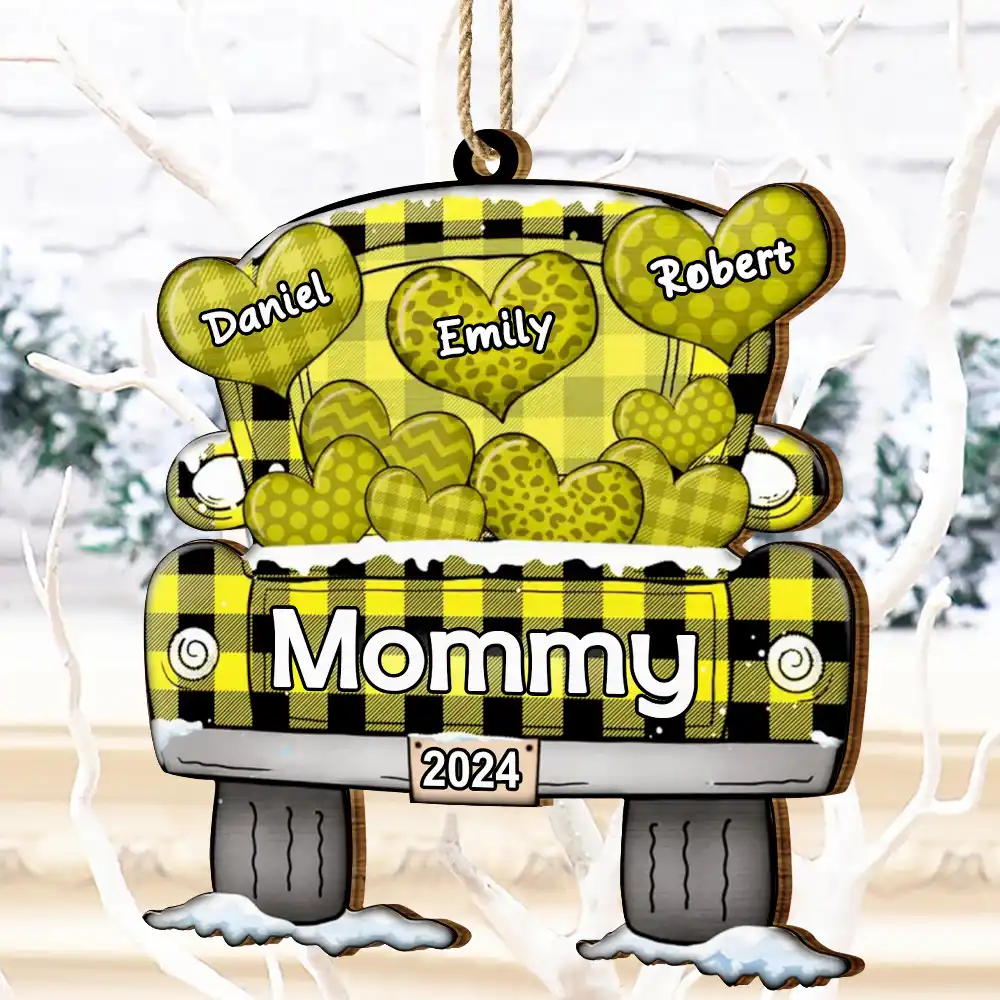 Mom Dad Grandma Grandpa Truck Loading Hearts - Personalized Wooden Cutout Ornament - Image 4