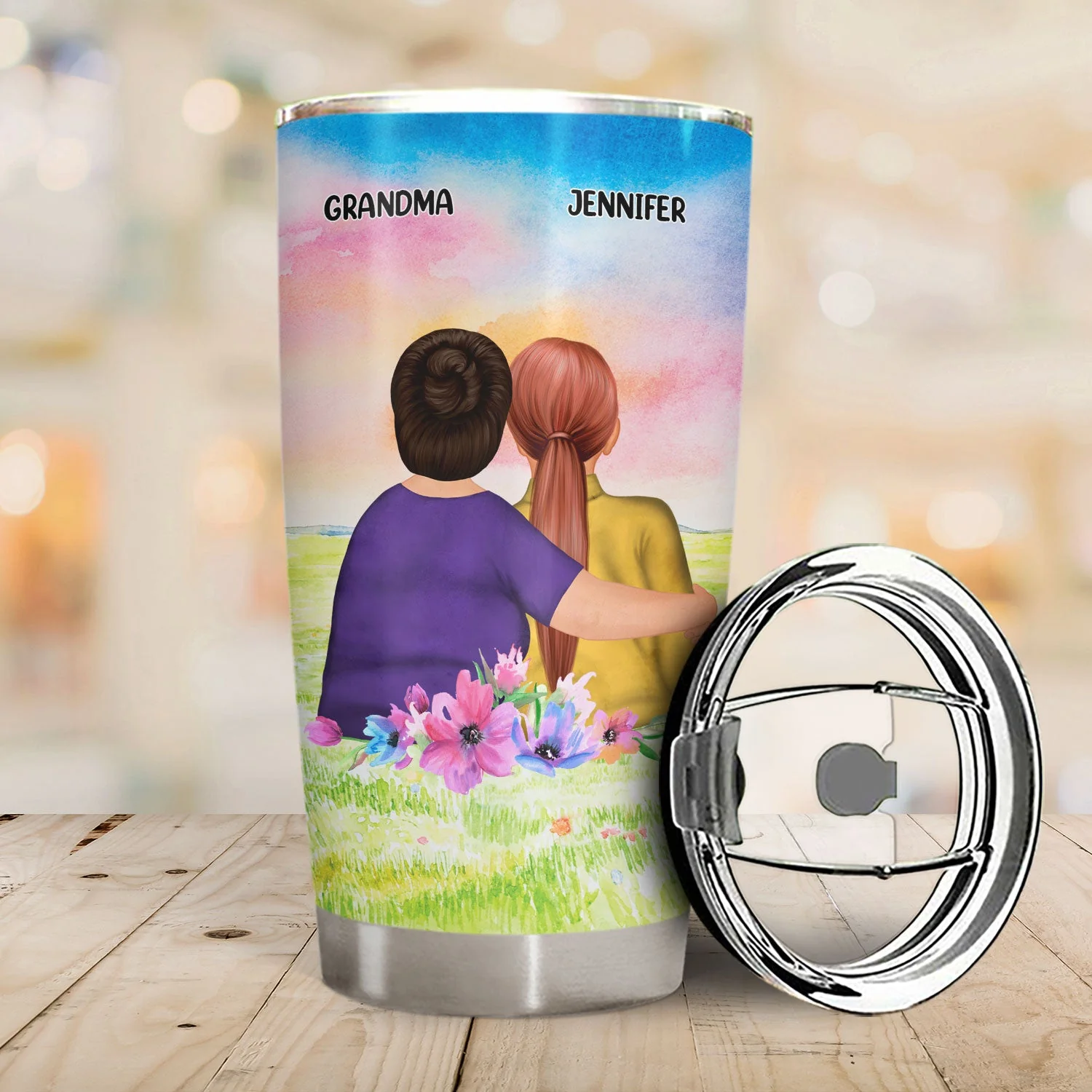 Mom & Daughter Forever Linked Together Watercolor Style - Birthday, Loving Gift For Mother, Grandma, Grandmother, Granddaughter - Personalized Custom Tumbler - Image 2