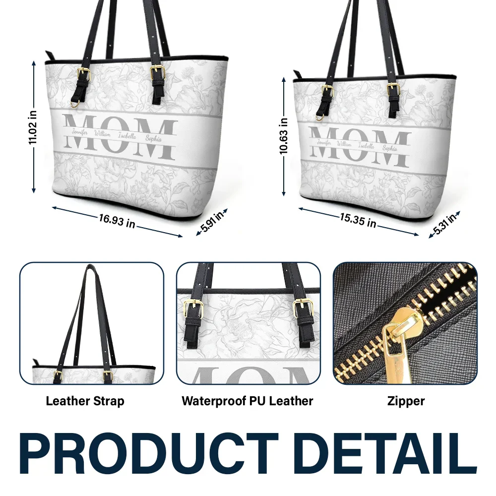 Mom Floral Design Trendy Bag - Personalized Leather Tote Bag - Image 6