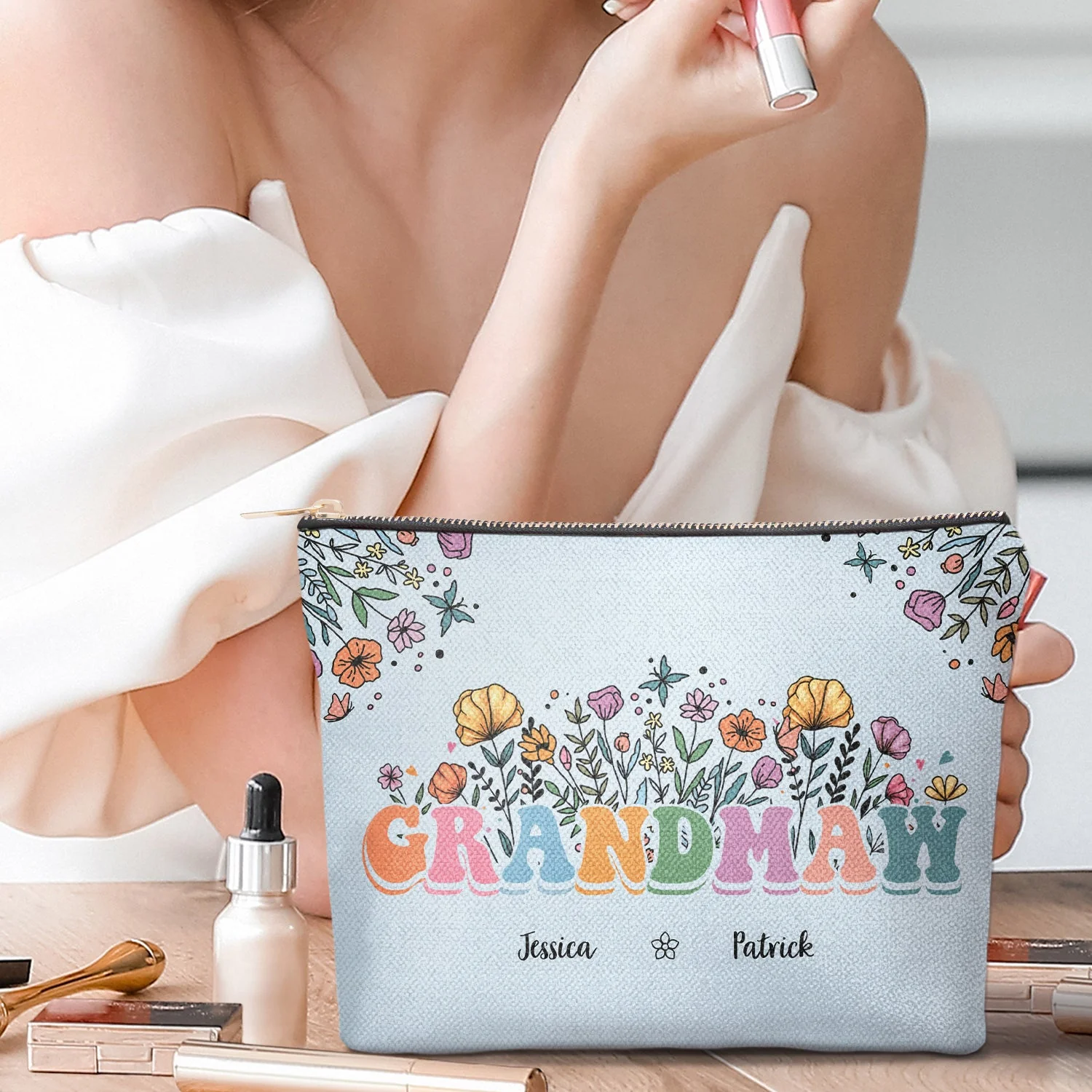 Mom Grandma Floral - Gift For Mother, Grandmother - Personalized Cosmetic Bag - Image 2