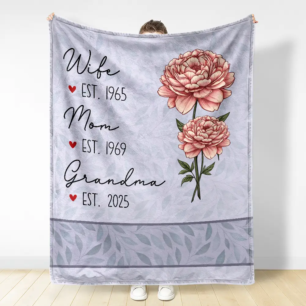 Mom Grandma Great Grandma Birth Flower - Personalized Fleece Blanket, Sherpa Blanket - Image 3