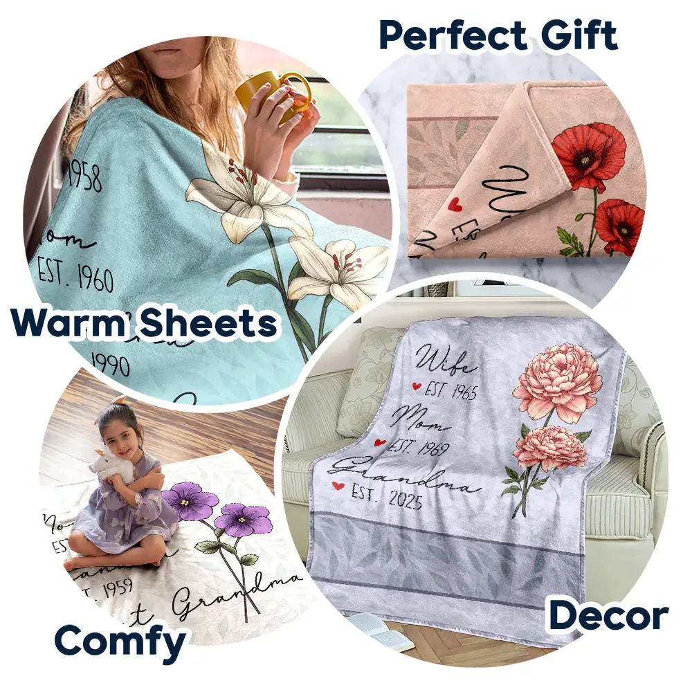 Mom Grandma Great Grandma Birth Flower - Personalized Fleece Blanket, Sherpa Blanket - Image 7