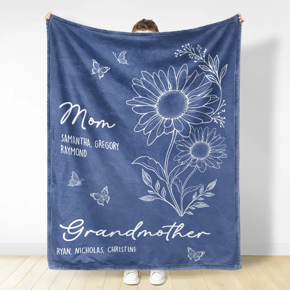 Mom Grandma Great Grandma Birth Flower - Personalized Fleece Blanket, Sherpa Blanket - Image 3