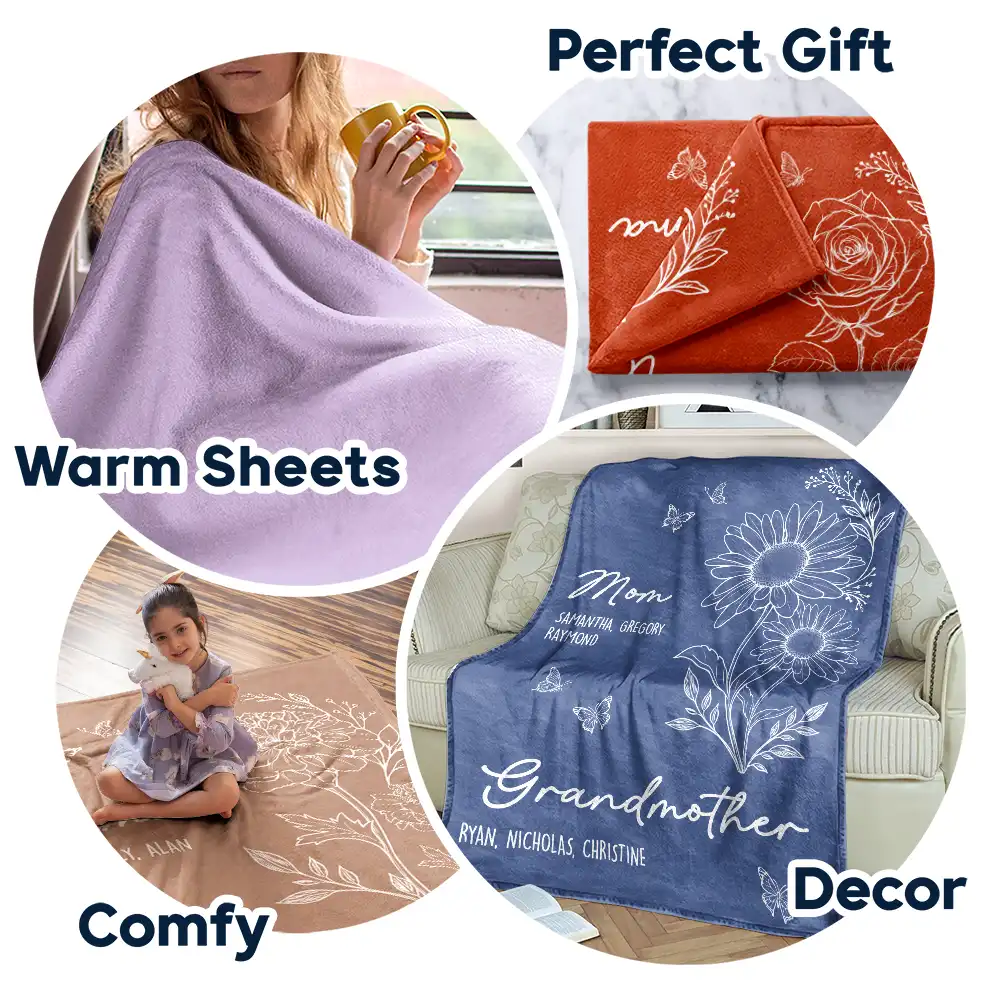 Mom Grandma Great Grandma Birth Flower - Personalized Fleece Blanket, Sherpa Blanket - Image 7