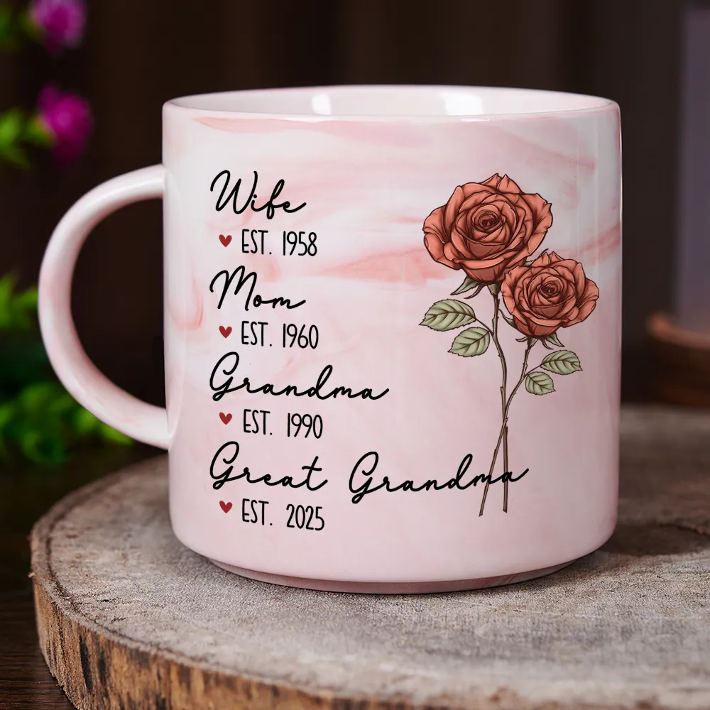 Mom Grandma Great Grandma Birth Flower - Personalized Marble Mug - Image 3