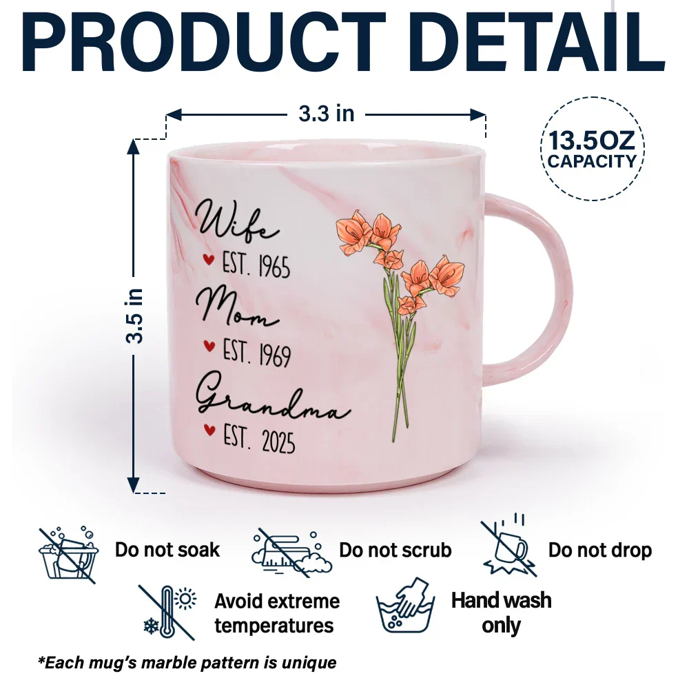 Mom Grandma Great Grandma Birth Flower - Personalized Marble Mug - Image 5