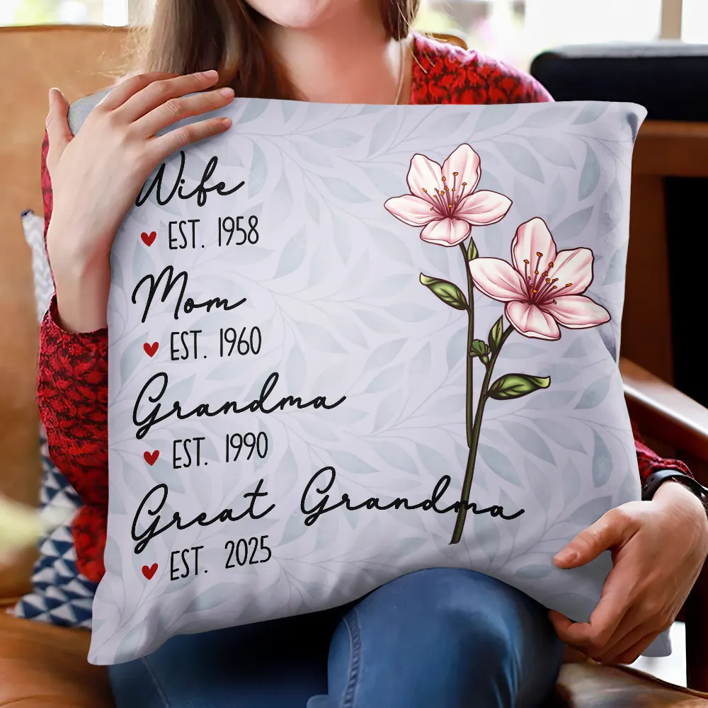 Mom Grandma Great Grandma Birth Flower - Personalized Pillow - Image 2