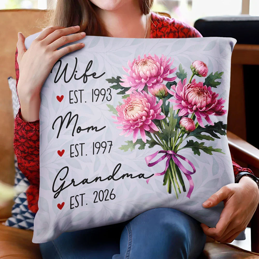 Mom Grandma Great Grandma Watercolor Birth Flower - Personalized Pillow - Image 2