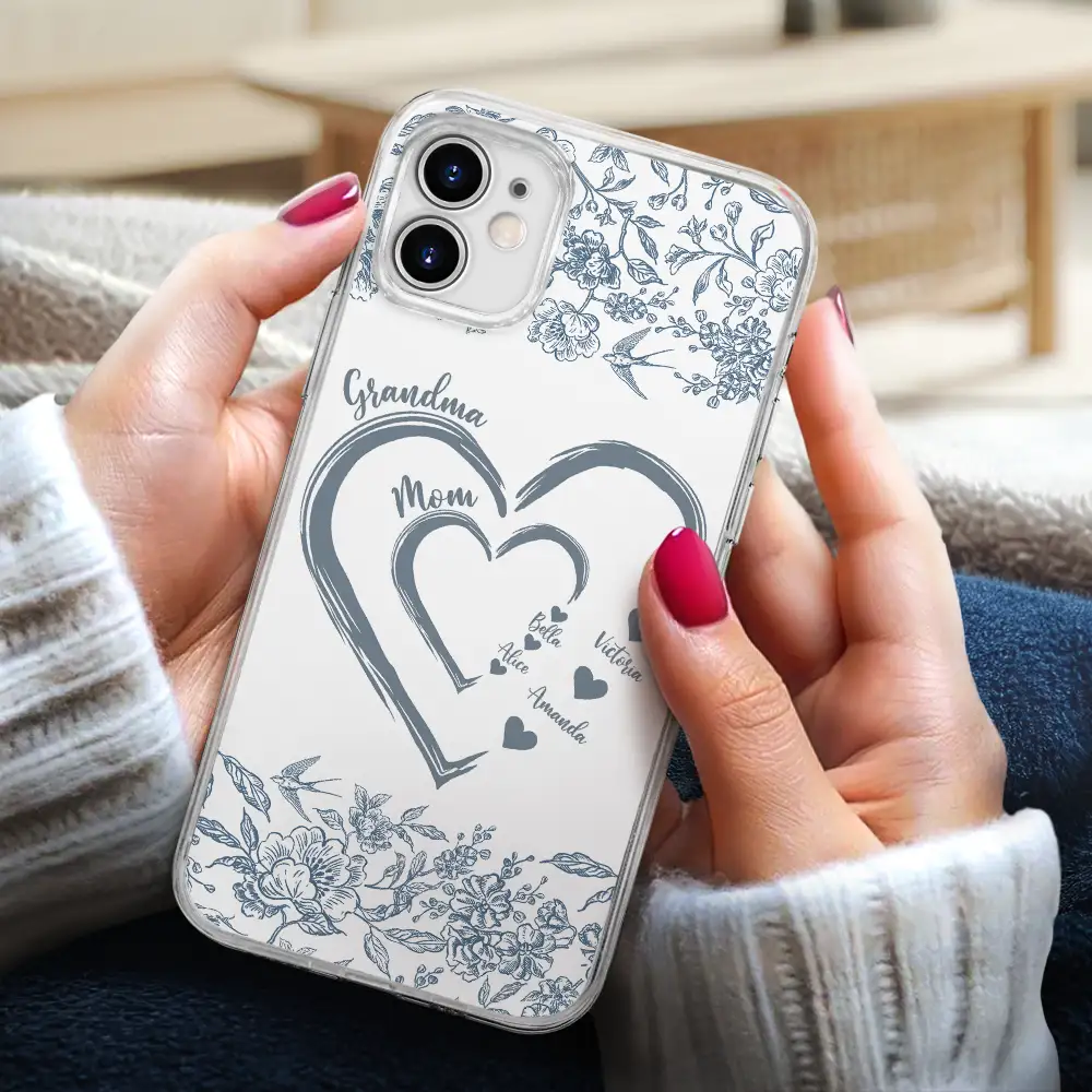 Mom Grandma Heart We Love You Toile De Jouy Pattern - Personalized Clear Phone Case - Image 3