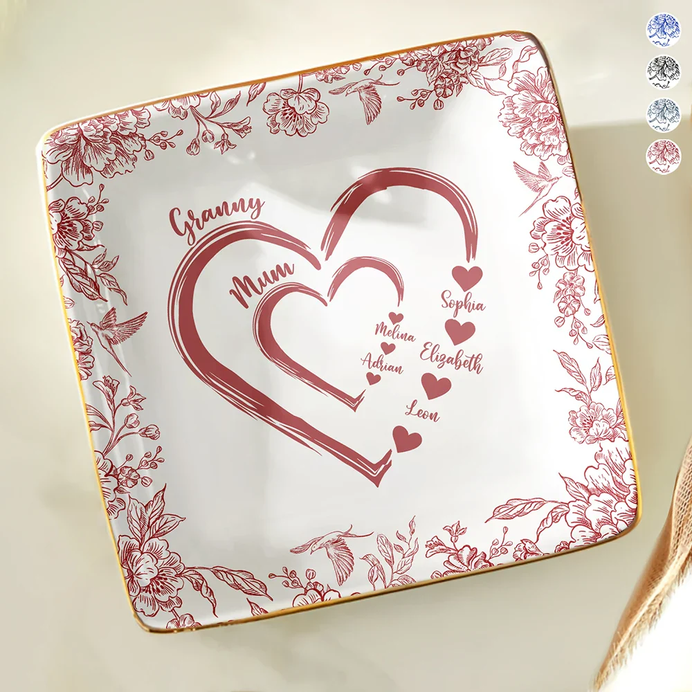 Mom Grandma Heart We Love You Toile De Jouy Pattern - Personalized Ring Dish - Image 2