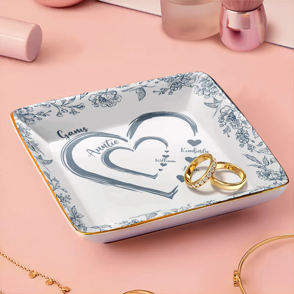 Mom Grandma Heart We Love You Toile De Jouy Pattern - Personalized Ring Dish - Image 4