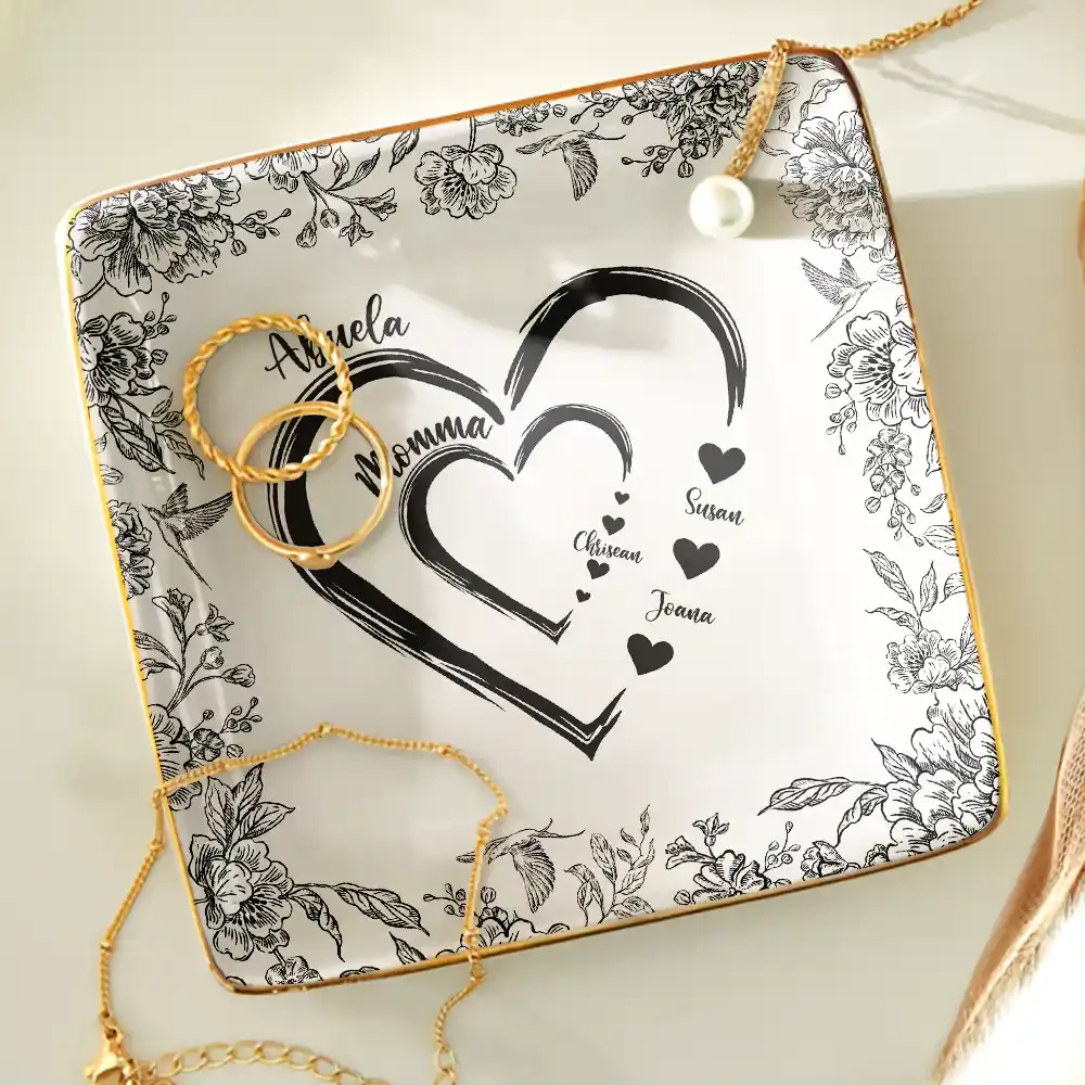 Mom Grandma Heart We Love You Toile De Jouy Pattern - Personalized Ring Dish - Image 5