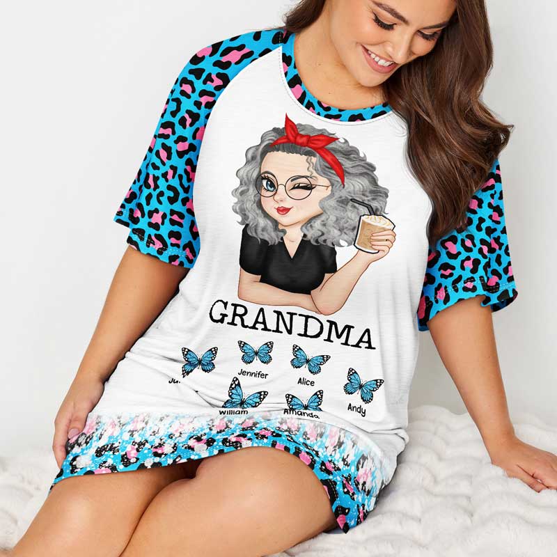 Mom Grandma Kids Butterflies Leopard Pattern - Gift For Mother, Grandmother - Personalized Women's Sleep Tee - Image 4